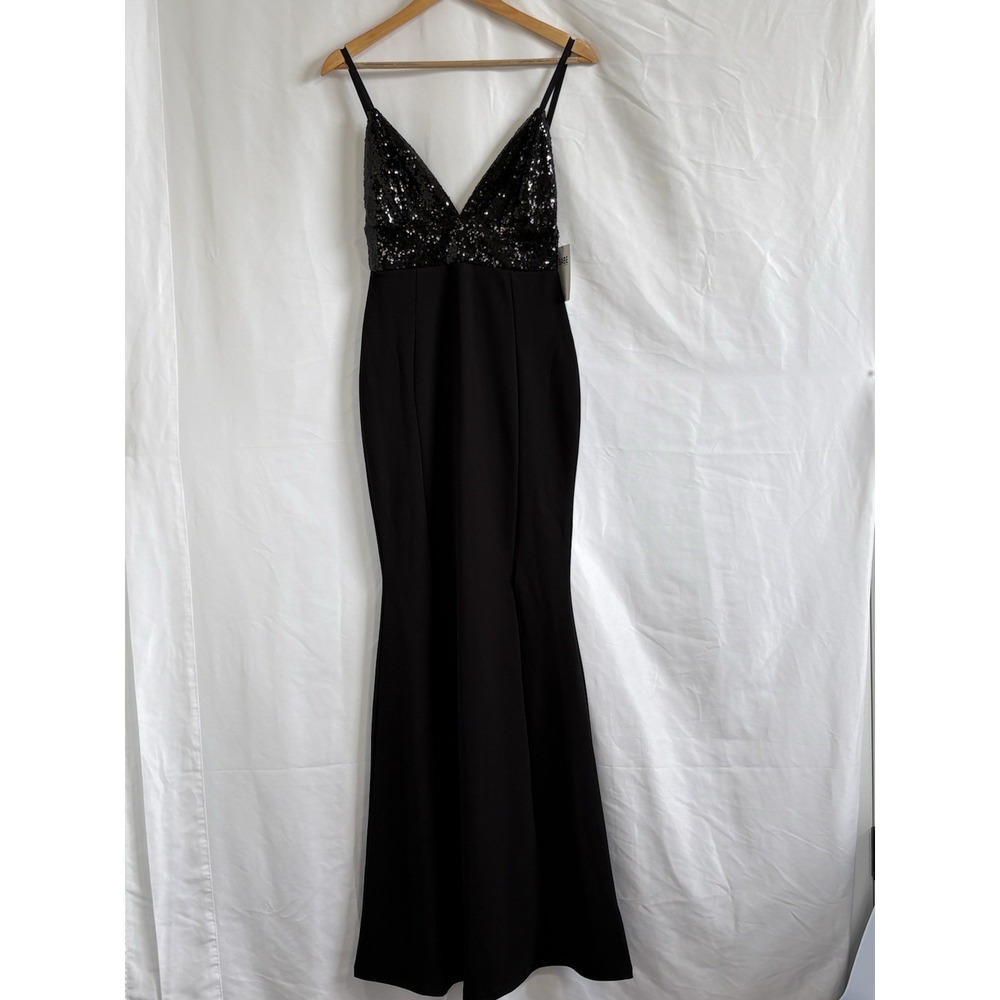 Symphony Black Sequin V-Neck Spaghetti Strap Formal Floor Length Dress Size S